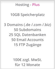 Hosting - Plus  10GB Speicherplatz  3 Domains (.de /.com /.biz) 50 Subdomains 25 SQL Datenbanken 50 Email Accounts 15 FTP Zugänge   100€ zzgl. MwSt. für 12 Monate